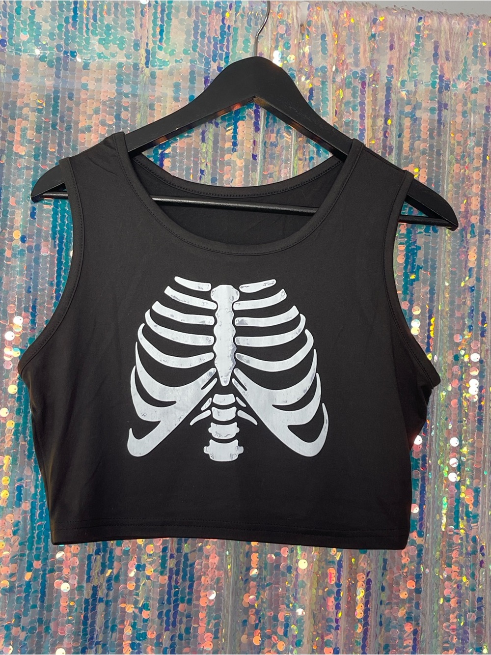 Black Crop Tank with White Skeleton Ribcage Graphic